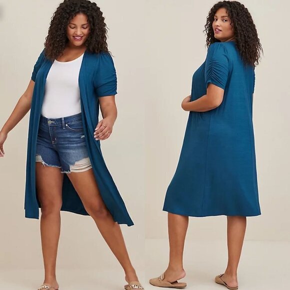 Torrid Womens NWT Blue Duster Fit N Flare Short Sleeve Cardigan Sweater Size 2X - Picture 1 of 8